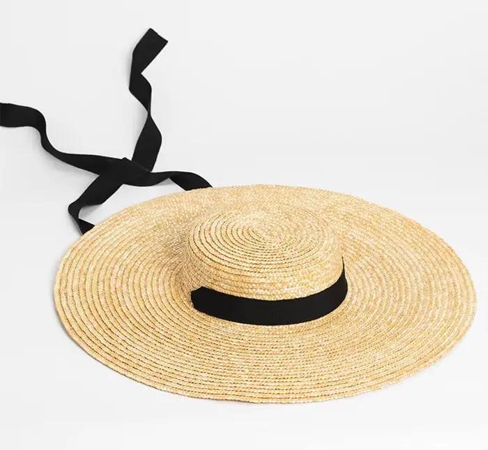 Chapeau de soleil à large bord de 15cm, chapeau de paille plat pour femmes, casquettes de plage, cra
