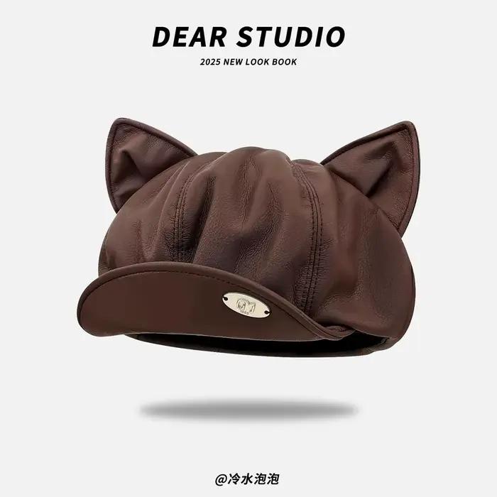 Béret marron rétro Collection, chapeau octogonal à oreilles mignonnes pour femmes, automne hiver, Bo
