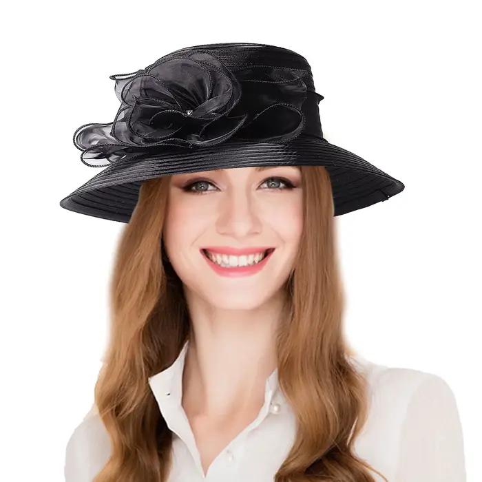 Chapeau de mariage royal blanc et rouge à large bord FS avec fleur, chapeaux d'église pour femmes, é
