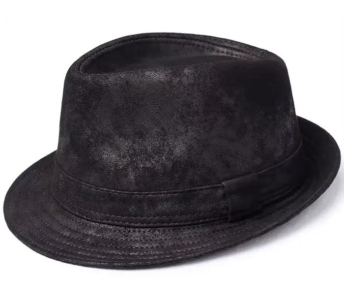 Chapeau formel en cuir véritable pour homme, Jazz Gentleman, peau de chèvre, daim, bord court, noir,