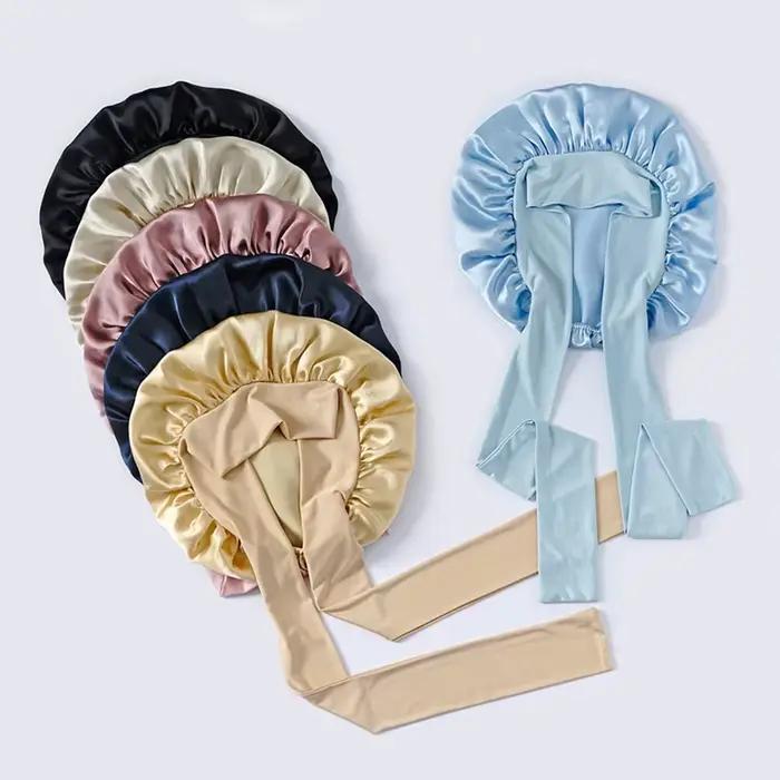 Bonnet de couchage en soie de mûrier pour femmes, cheveux bouclés, réglable, en Satin, large bande é