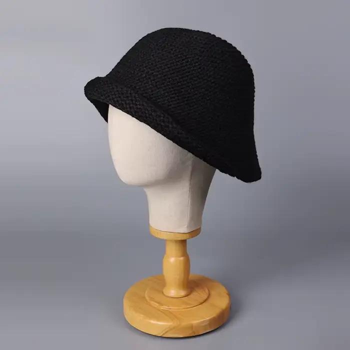 Chapeau seau tricoté en laine à bord roulé de Style japonais pour femmes, chapeau de bassin en laine