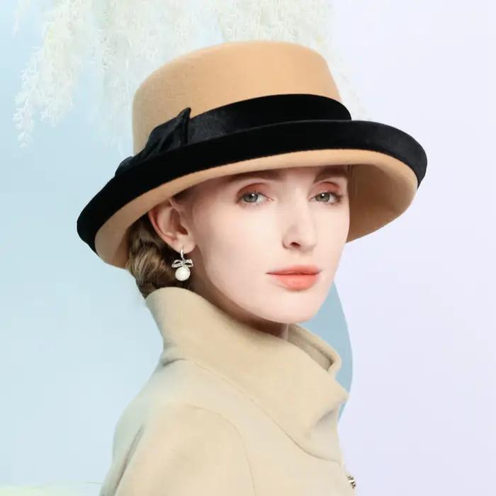 Chapeaux en feutre de laine camel pour femmes, Fedoras pour femmes, élégant, haut plat, décontracté,