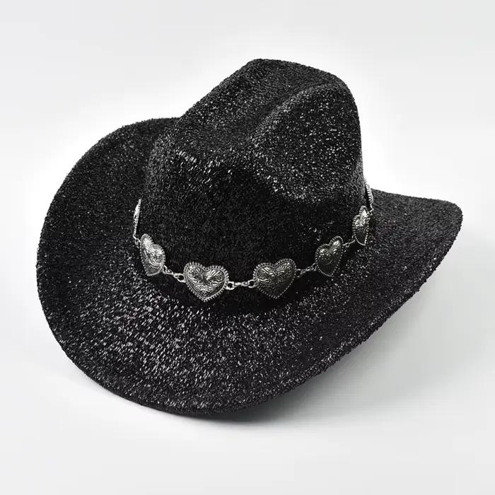 Chapeau de Cowboy occidental pour femmes, avec rubans en strass, chapeau de Jazz argenté pour hommes