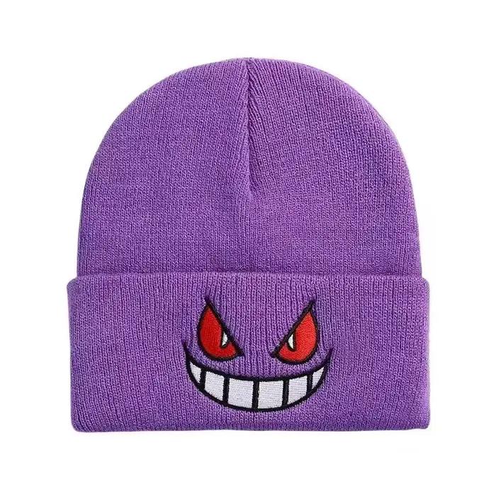 Chapeau tricoté brodé de dessins animés mignons Anime Pokemon Gengar, bonnet chaud d'automne et d'hi