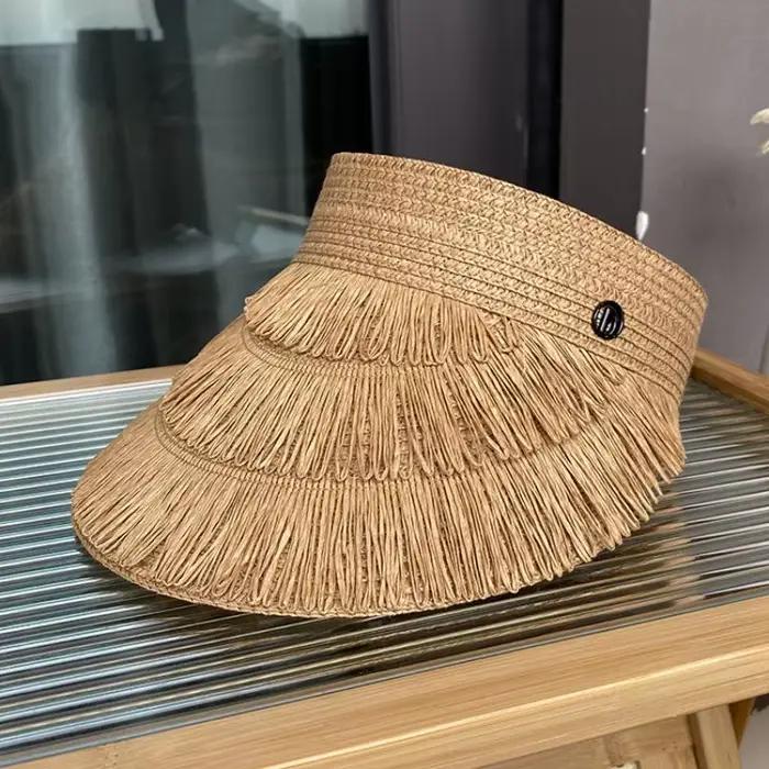 Chapeau de paille pour femmes, mode d'été, protection solaire à franges, large bord, léger, marque d