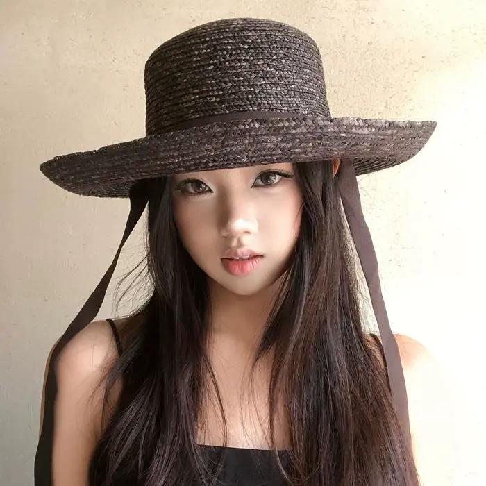 Chapeaux de paille élégants noirs à long ruban pour femmes, pliables, à large bord, style Panama, po