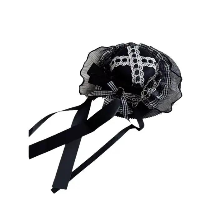 Chapeau gothique en voile dentelle avec nœuds foncés pince à cheveux pour fêtes à thème Y08E