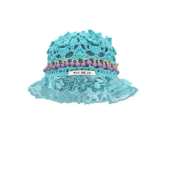Corée rétro tricoté évider fleur perle chapeau à la main Crochet seau chapeau femmes été bassin casq