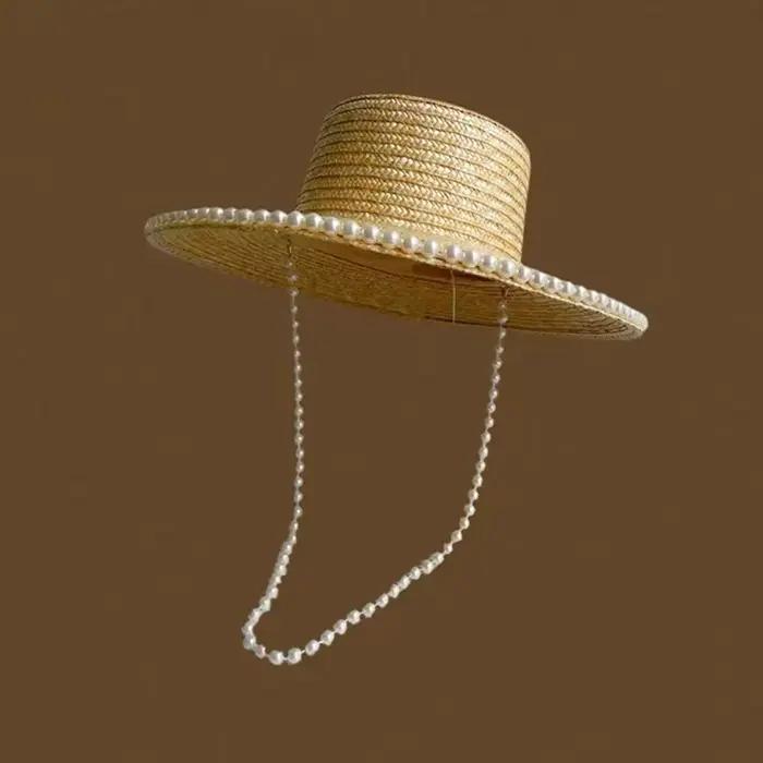 Chapeau de soleil français à large bord printemps-été 2026 avec chaîne de perles, chapeau de paille 