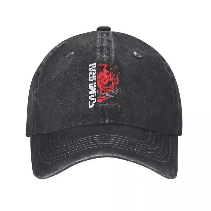 Casquette de baseball Samurai Rock Band Game, en denim vintage délavé, style cyberpunk japonais, cas