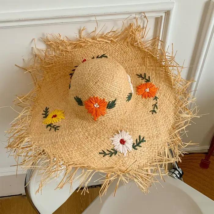 Chapeau de paille décontracté style bohème en herbe de lafite, à large bord, pliable, avec fleurs br