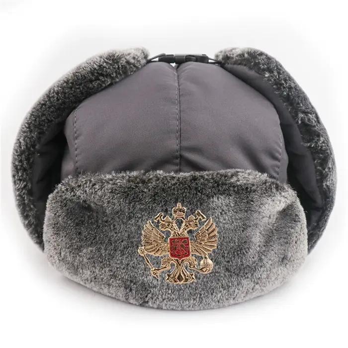 Casquette russe avec Badge soviétique, fausse fourrure, chapeau à rabat Ushanka pour hommes, épais e