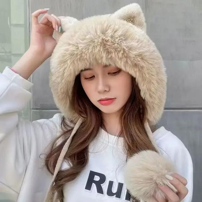 Chapeau de ski moelleux en peluche pour femme, casquette à oreillettes, dessin animé, chaud, épais, 