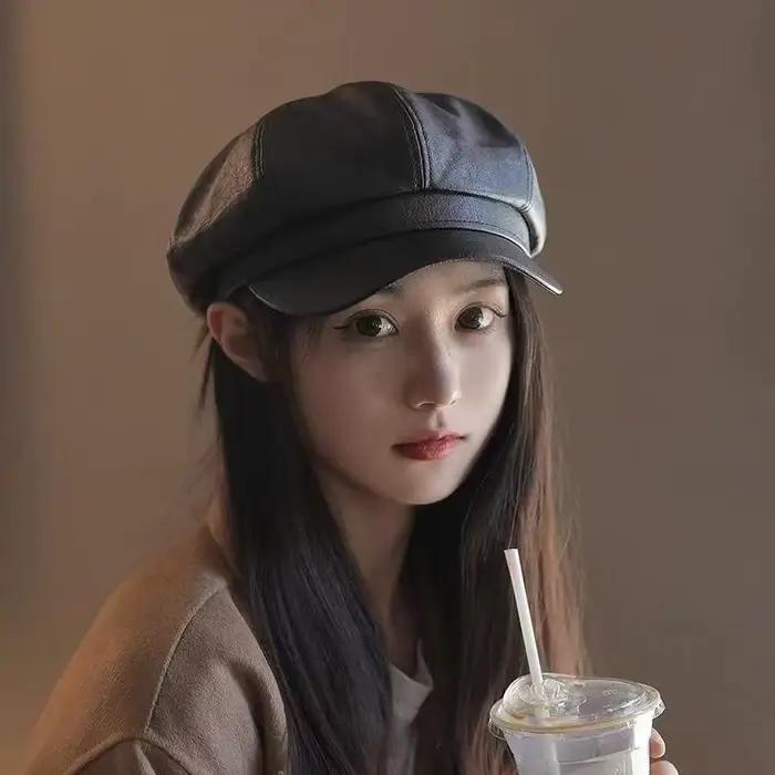 Béret à rivets Vintage Harajuku Y2K pour fille gothique Lolita en cuir noir visage foncé révélant de