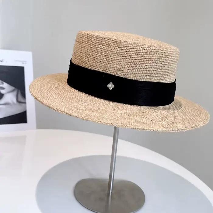 Chapeau de paille au crochet fait à la main en raphia de haute qualité, haut plat élégant français e
