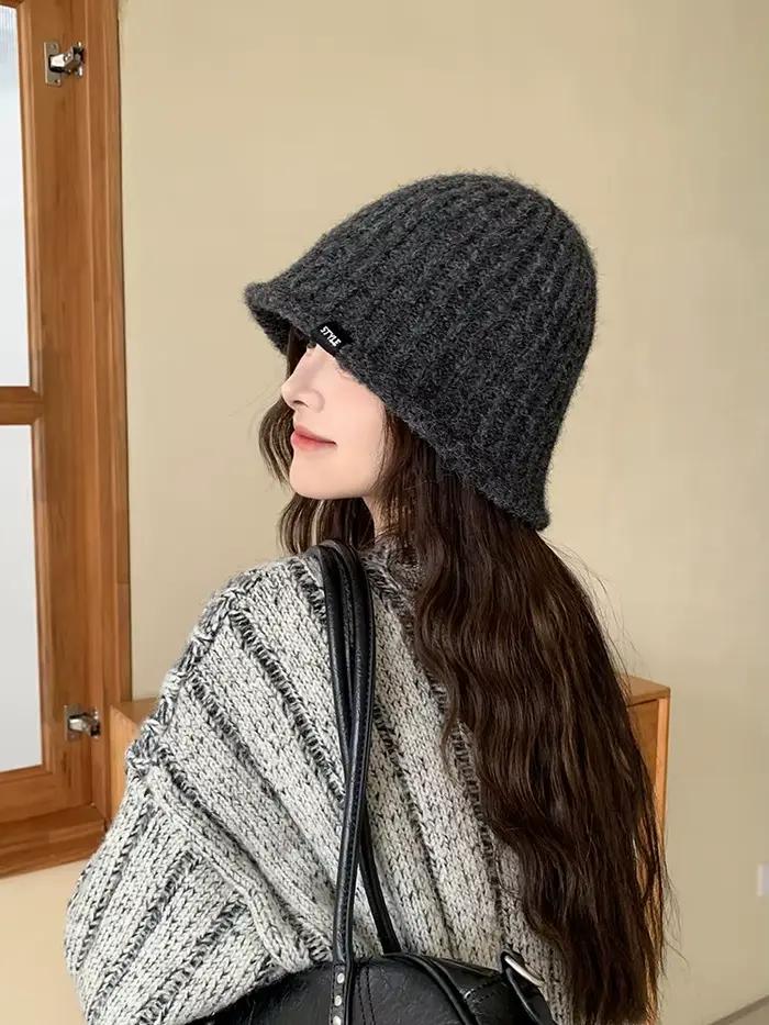 Chapeau seau en tricot pour femmes, automne hiver, grande circonférence de la tête, couleur unie, ca