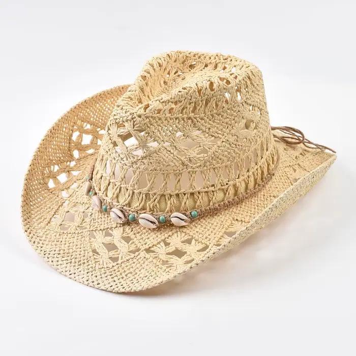 Chapeau de paille pour femme, décoration coquillage, chapeau de plage ajouré à large bord, chapeau d