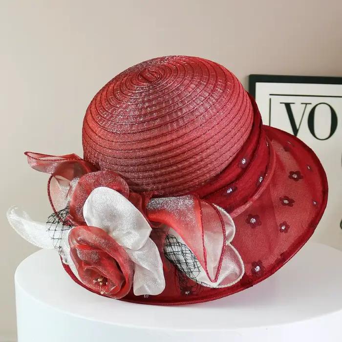 Chapeau de mode femmes chapeau haut-de-forme élégant Organza fleur large bord chapeau de soleil pour