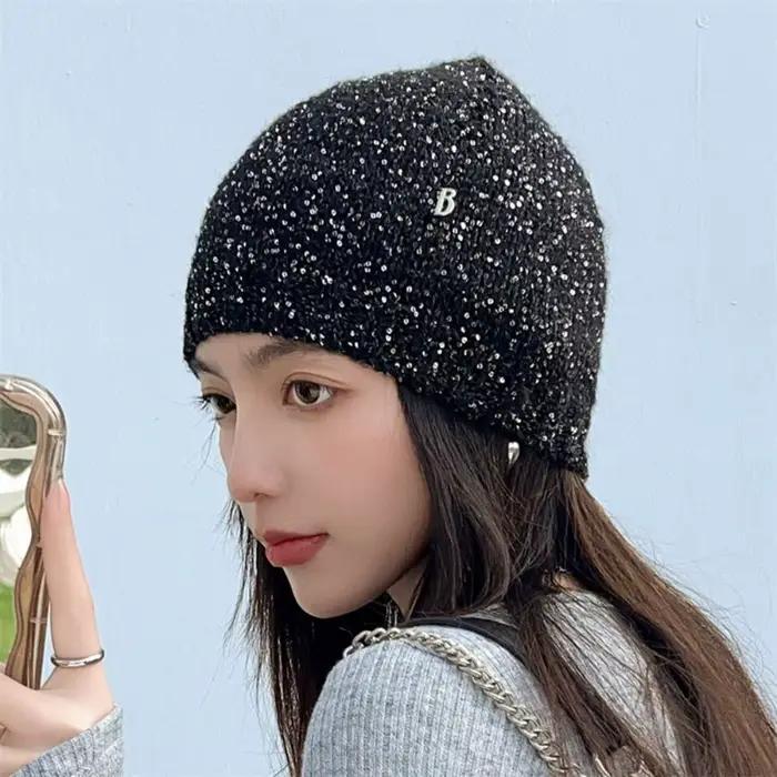 Doux nœud papillon bonnets chapeau noir bonnets paillettes tricoté chapeau laine chapeau coréen tric