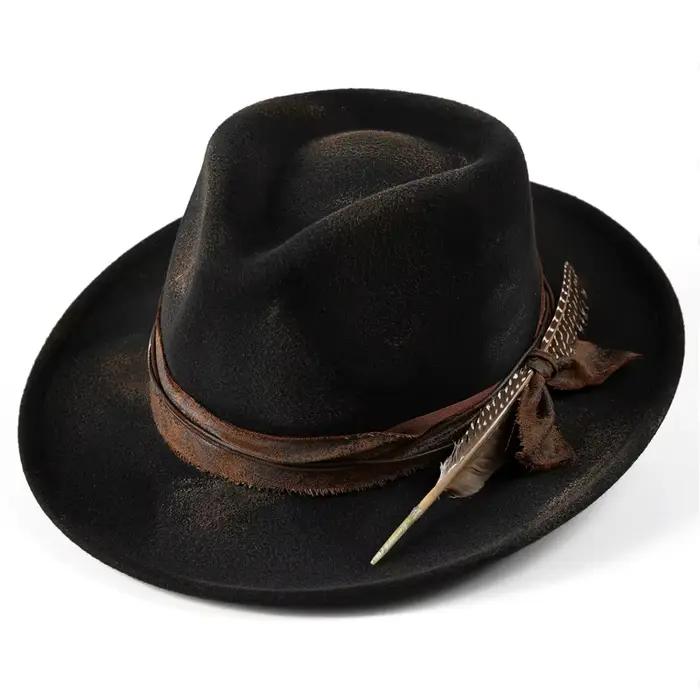 American Vintage Distressed Wool Fedora Hat, Burnt Texture Unisex Jazz Cap with Windproof Design - R