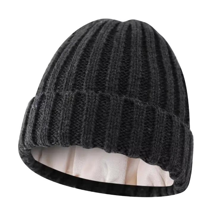 Bonnet doublé en satin pour hommes et femmes, chapeau épais pour l'extérieur, bonnets Skullies doux 