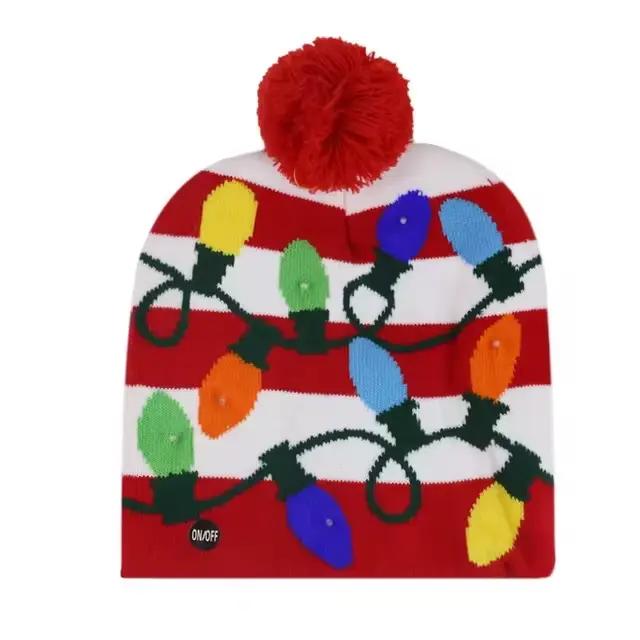 Chapeau de noël à lumière Led clignotante créative, bonhomme de neige, bonnet tricoté de couleur cha