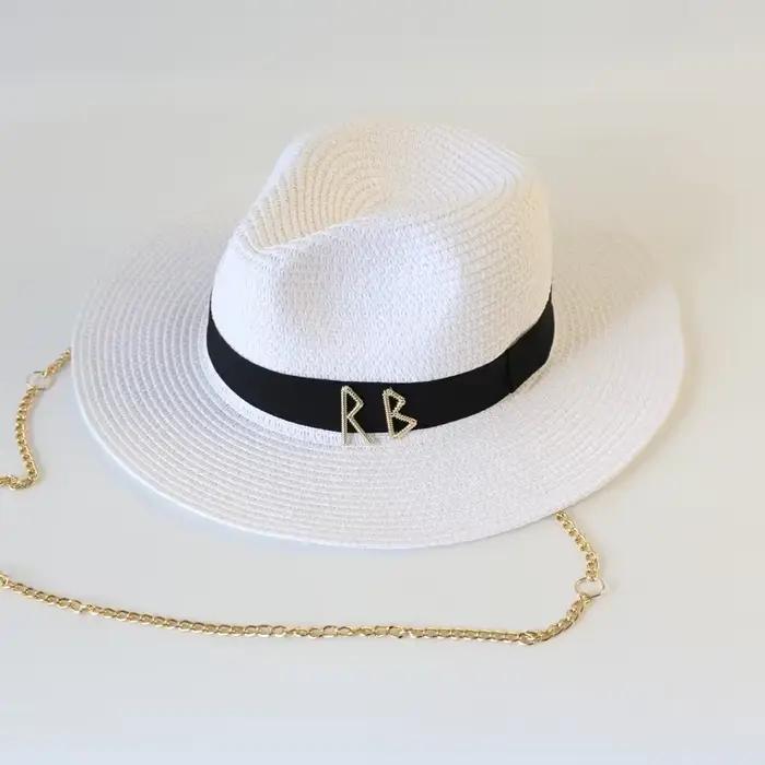 Chapeau Panama Tendance d'Été pour Femme, Chapeau de Soleil en Paille avec Lettres Métalliques, Prot
