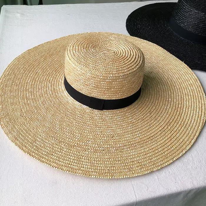 Chapeau de bateau à large bord de 15cm, en paille, plat pour femmes, Kentucky, Derby, ruban blanc no