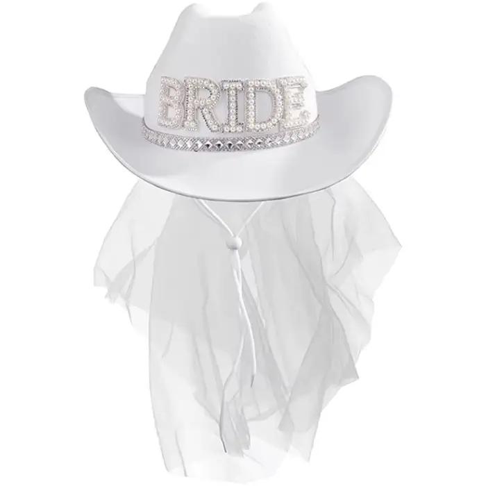 Chapeau de cowboy à large bord style western pour mariage champêtre, voile de mariée à plumes, cadea