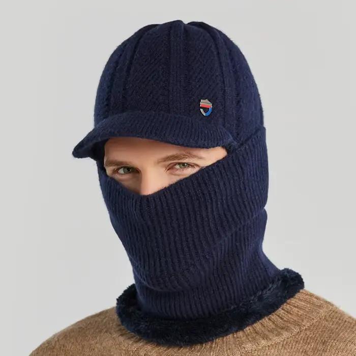 Chapeau tricoté doux et épais pour hommes, sweat à capuche 3 en 1, foulard d'hiver, pull avec masque