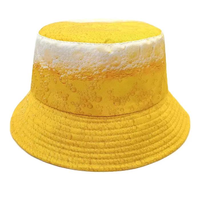 Chapeau Bob Réversible Jaune à Motifs Bulles de Bière, Style Festival de la Bière, Protection Solair