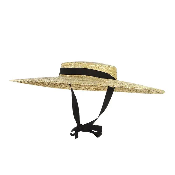 Chapeau de paille à large bord pour femmes, long ruban, casquette pare-soleil d'été, dessus plat, gr