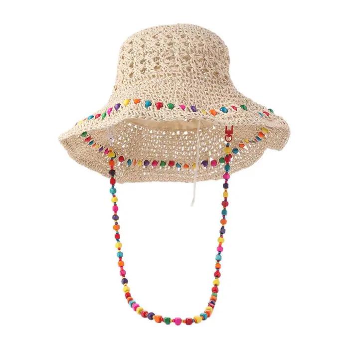 Chapeau de paille pour femme style pastoral tendance avec perles colorées, grand bord, protection UV