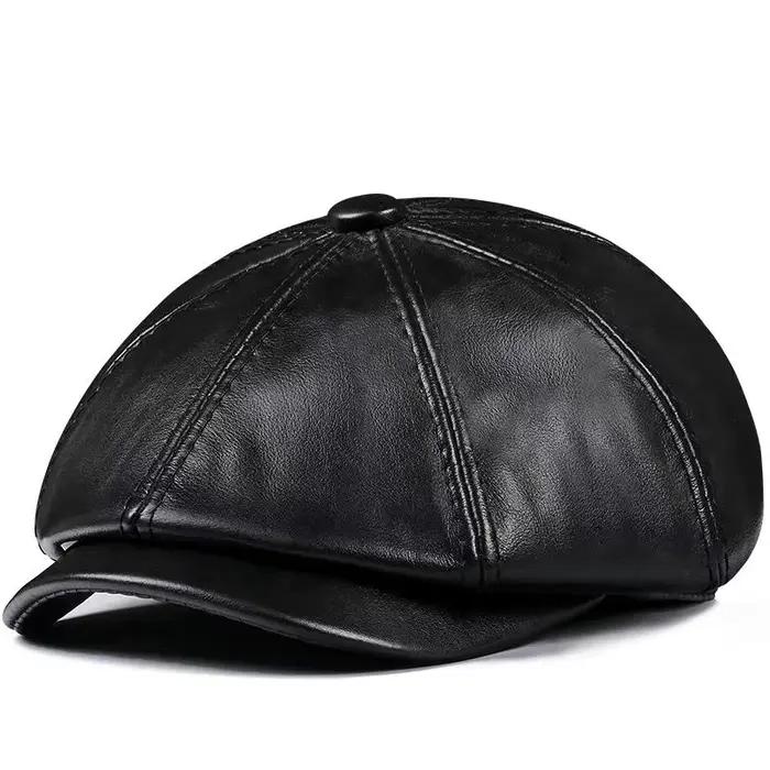 Printemps nouveau chapeau en cuir véritable casquette en peau de vache béret chaud coton hommes remb