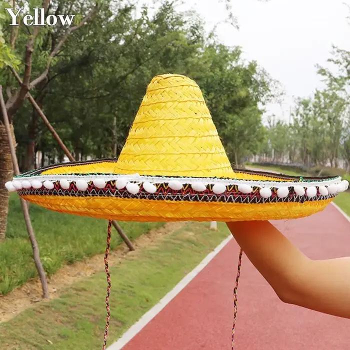 Chapeau de paille de style hawaïen, chapeau à pompon mexicain, cosplay d'Halloween, costume de maria