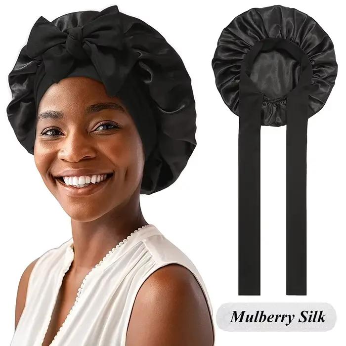 Bonnet de couchage en soie de mûrier pour femmes, cheveux bouclés, réglable, en Satin, large bande é