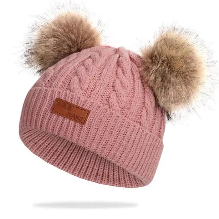 Bonnet double pompon en laine pour enfants, bonnet chaud pour enfants, bonnets pour garçons et fille