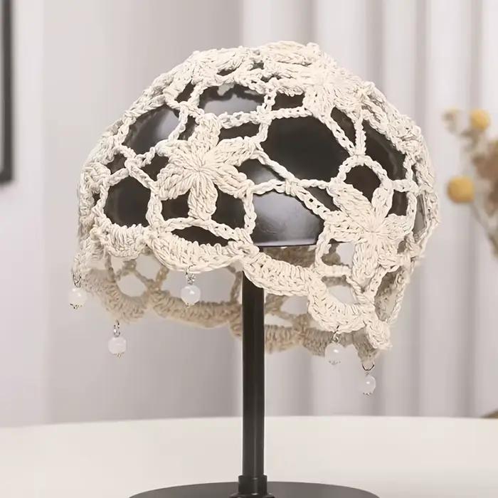 Chapeau en crochet ajouré pour femme, tricoté à la main, avec bordure perlée, idéal pour les sorties