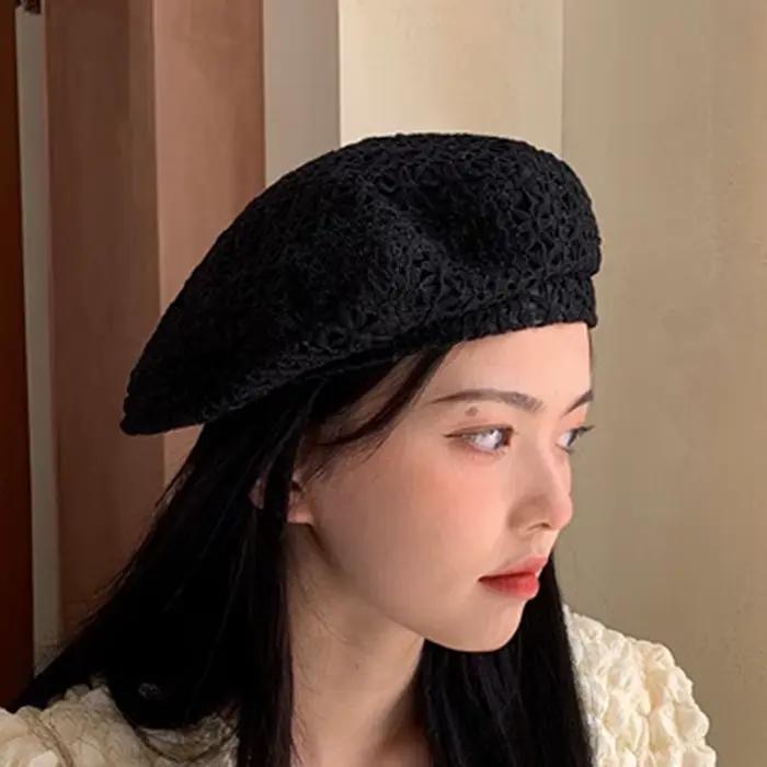 Chapeau pour femme, style doux, ajouré, respirant, en dentelle, type béret, fin, d'été, polyvalent, 