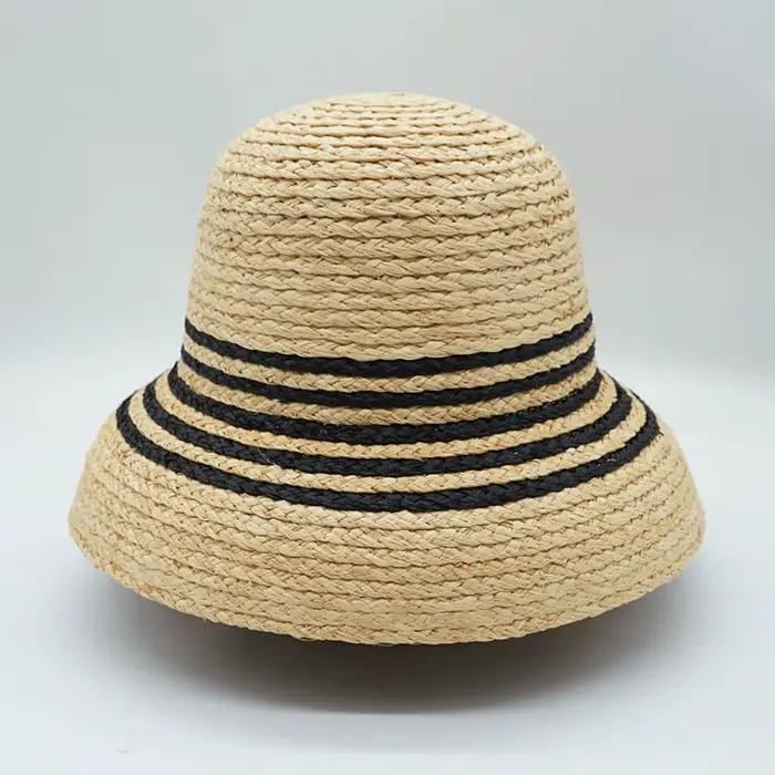 Everche-Chapeau de paille rayé noir pour femme, chapeaux d'été, chapeau de soleil à large bord, derb