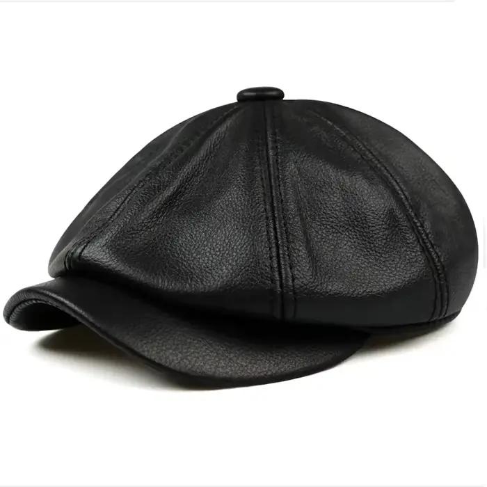 Chapeaux marron rétro pour hommes, Casquette chaude en cuir véritable, béret de peintre, Boina octog