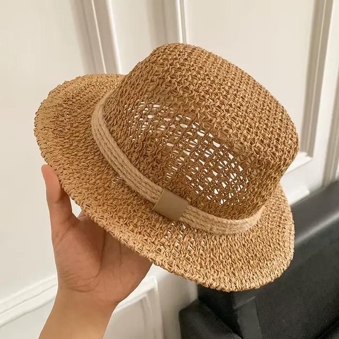 Chapeau de paille rétro coréen ajouré à dessus plat pour femme, chapeau respirant de protection sola
