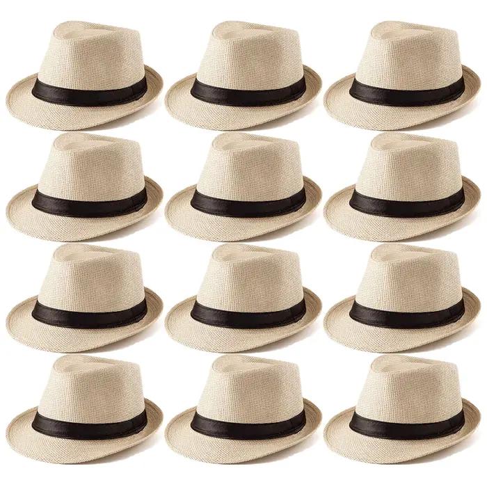 Chapeaux Fedora en paille de mariage pour femmes et hommes, chapeau Panama à bord court pour les soi