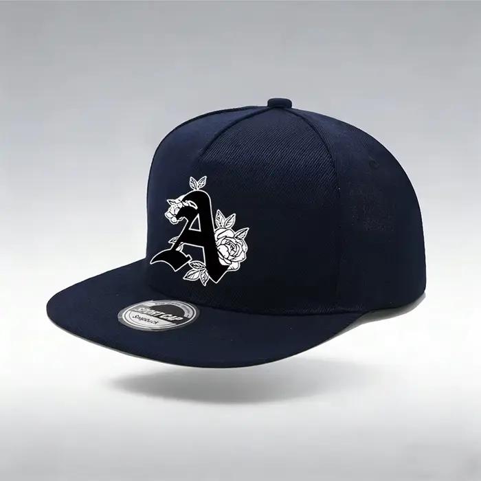Casquette unisexe à bord plat style urbain, motif floral lettre A avec imprimé rose, fermeture snapb