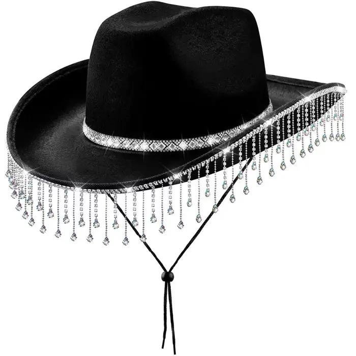 Chapeau de cowboy occidental brillant à large bord, style ethnique, avec strass et pompons, chapeau 