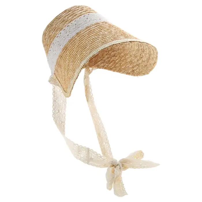 Chapeau de Paille Lolita Style pour Femmes et Bol, Bonnet en Dentelle Patchwork, Tissé à la Main, Ch