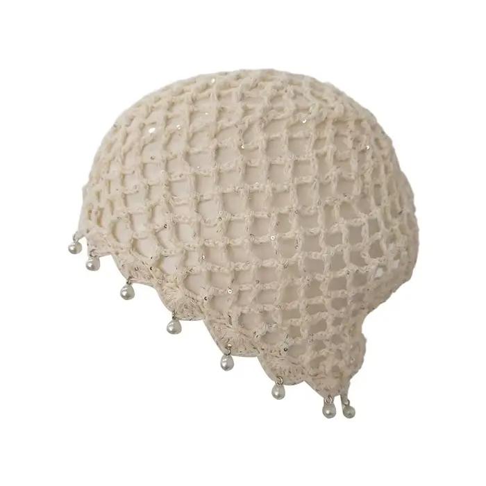 Chapeau pour femme à sequins et tissage ajouré, élégant, avec pompon perlé, style vintage sans bord,