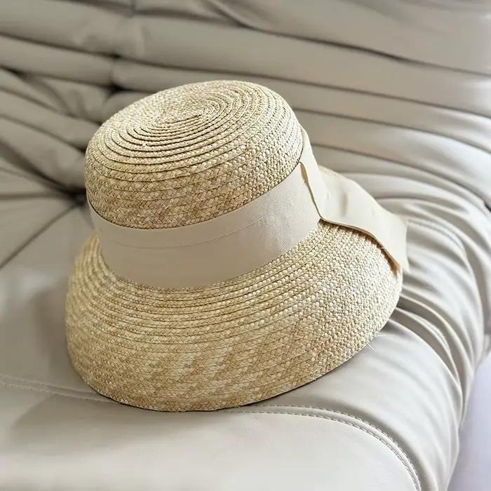 Chapeau de paille naturel à bord incurvé français, chapeau d'été fait à la main à grand bord, chapea