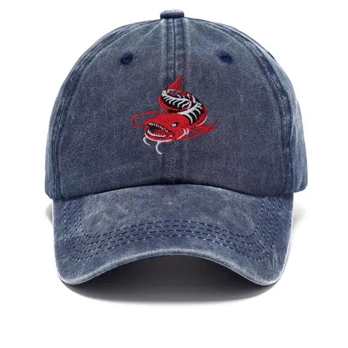Casquette de baseball grise délavée pour homme, motif brodé Poisson Pêcheur, casquette souple style 